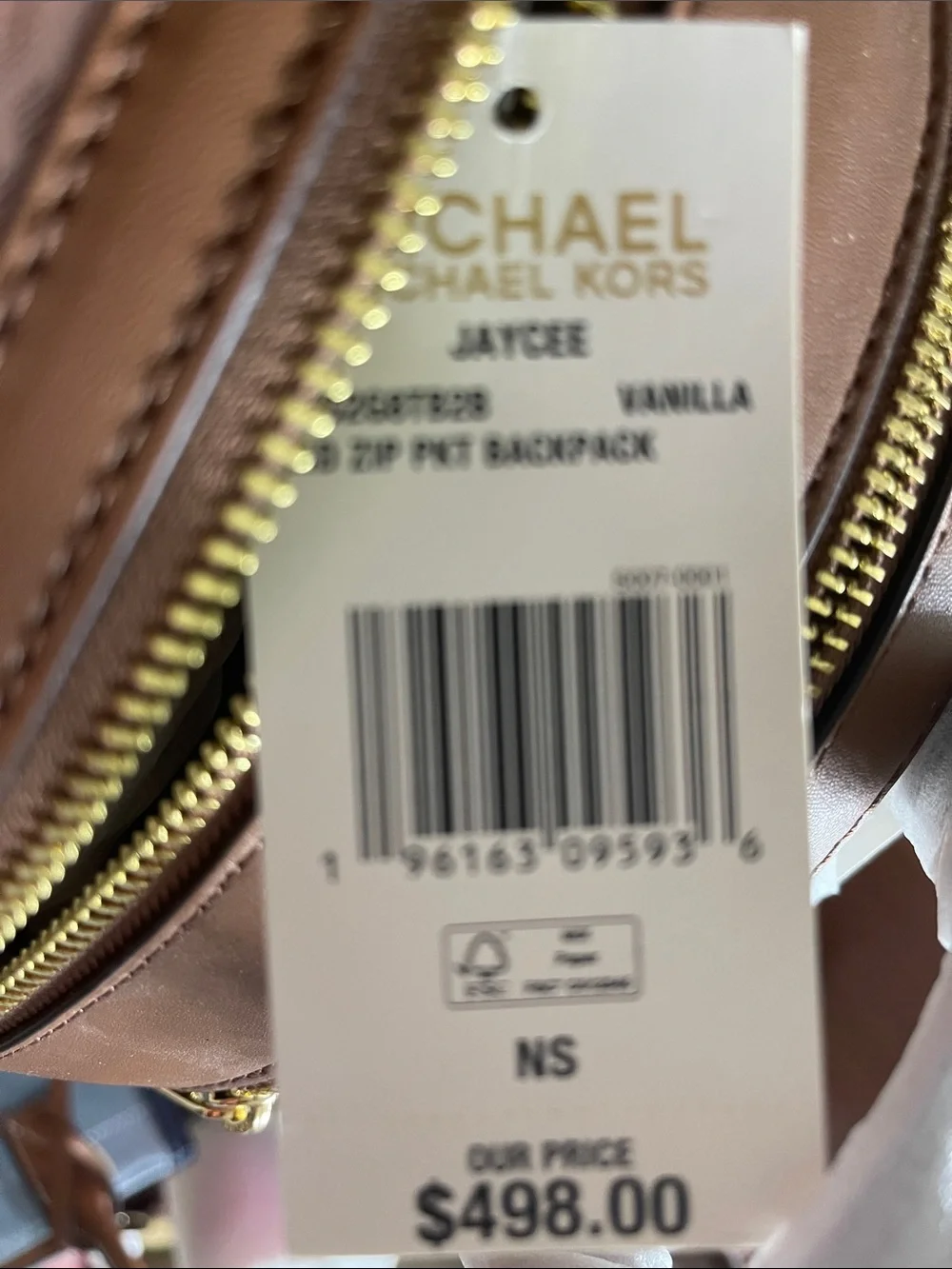 Michael Kors Tan Canvas w/Dark Tan Logo MK Monogram Backpack with Brown Trim